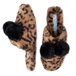 Calistoga Slippers Women's 8 V-Fur Leopard/Black Pom Pom Mule House Slippers